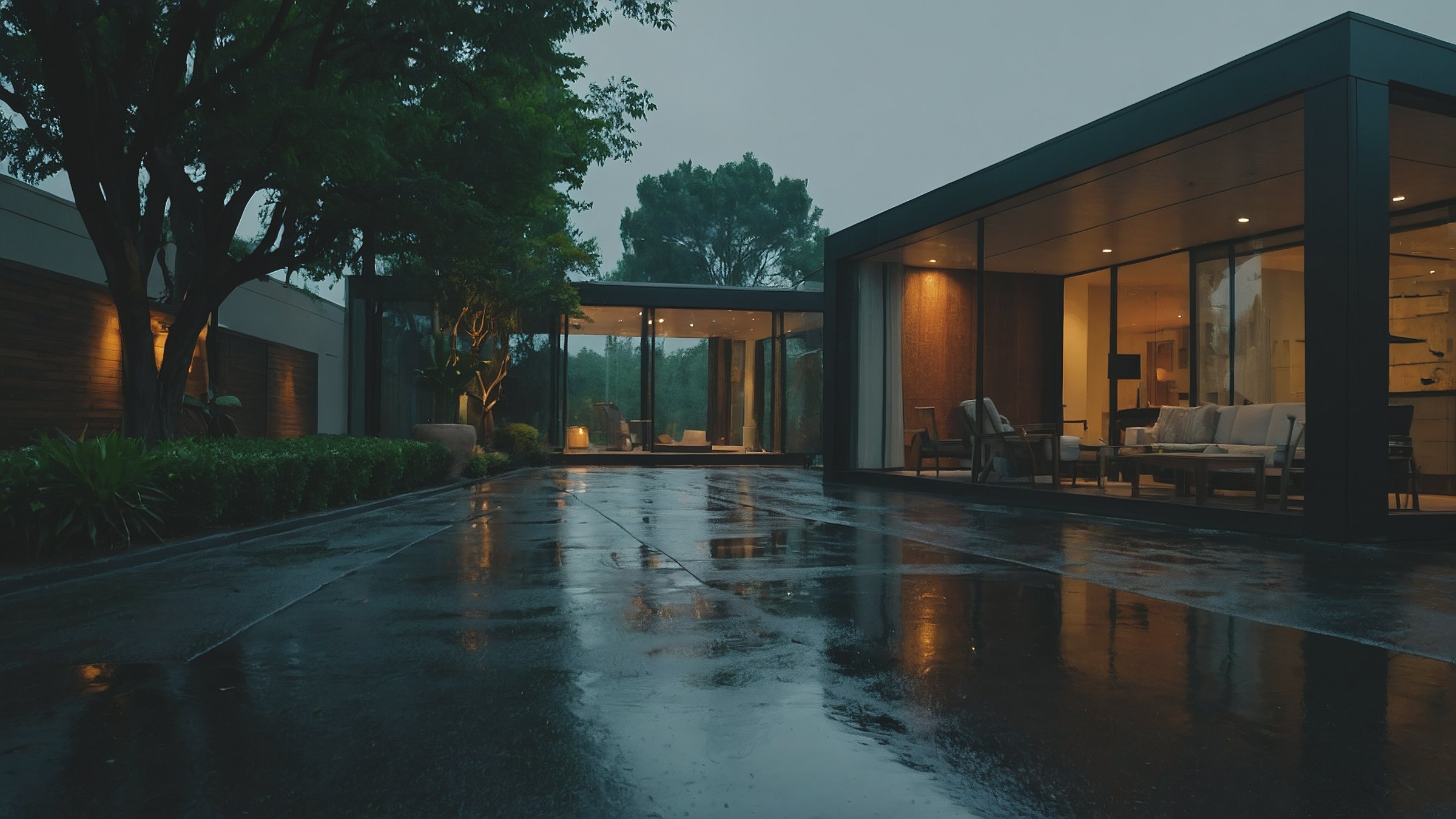 A modern home standing dry after the rain