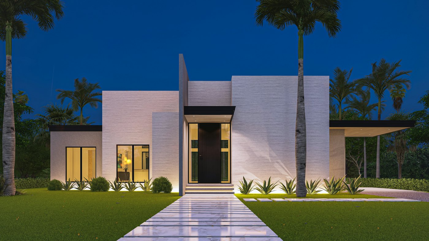 A modern villa at night